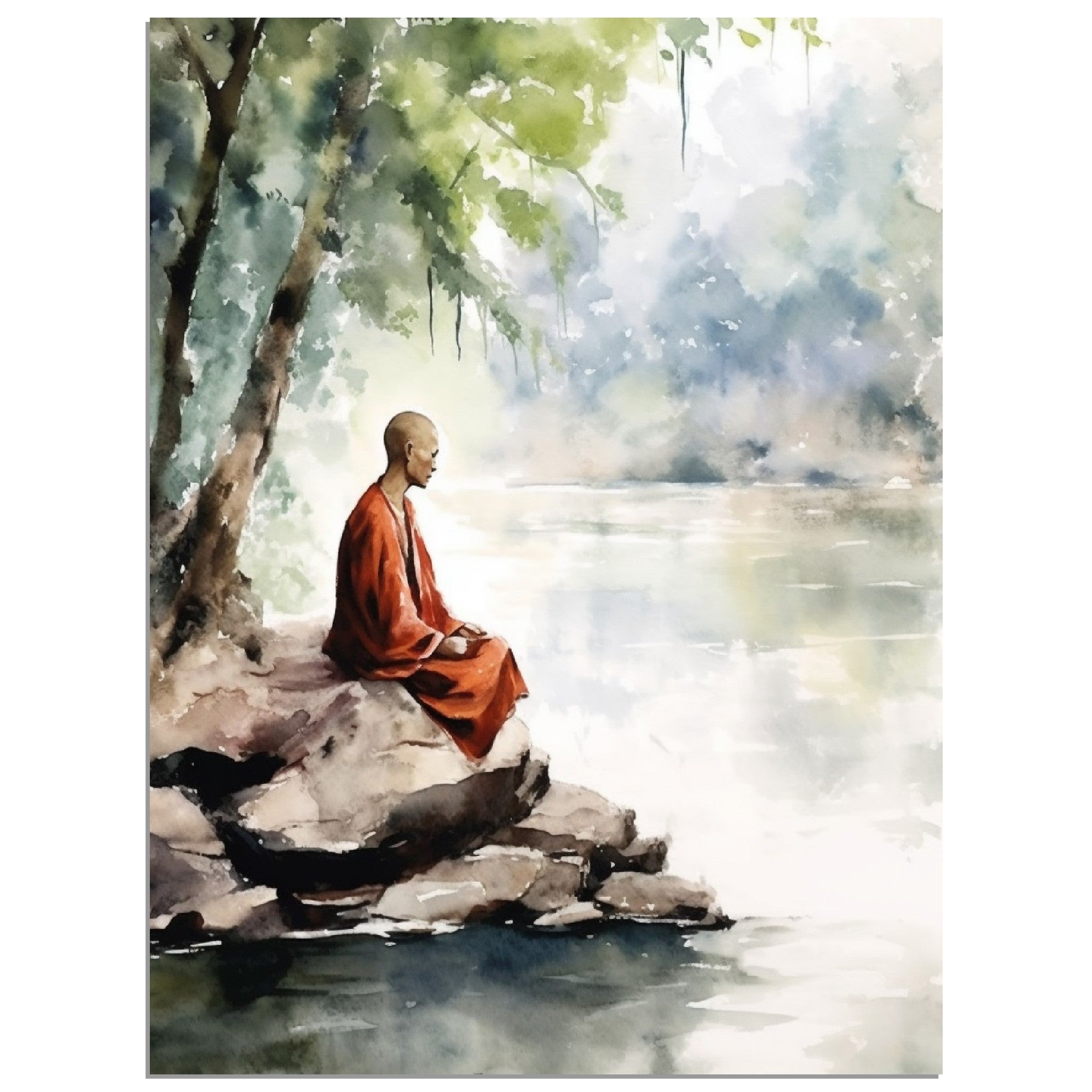 Water Colour Monk Meditating Under Trees Sitting On Rocks Near Water - immersiarts