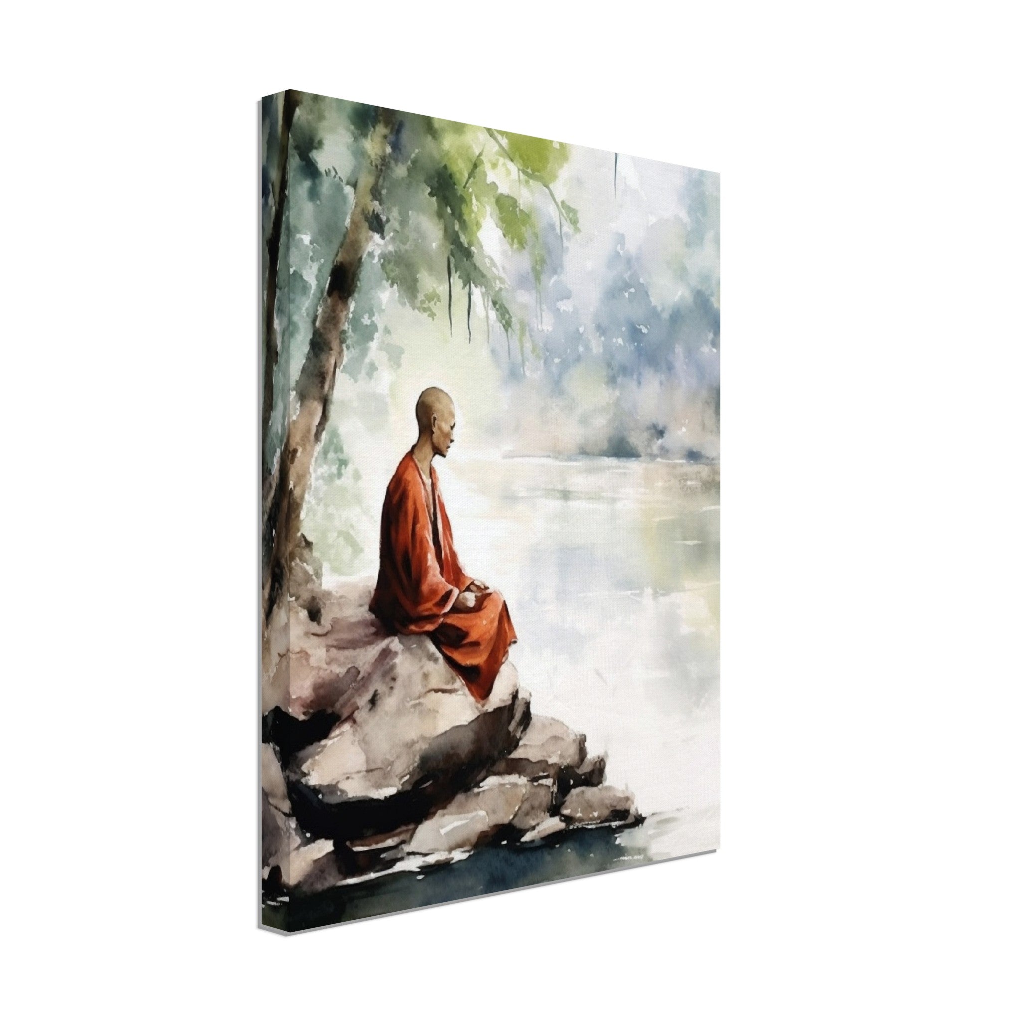 Water Colour Monk Meditating Under Trees Sitting On Rocks Near Water - immersiarts