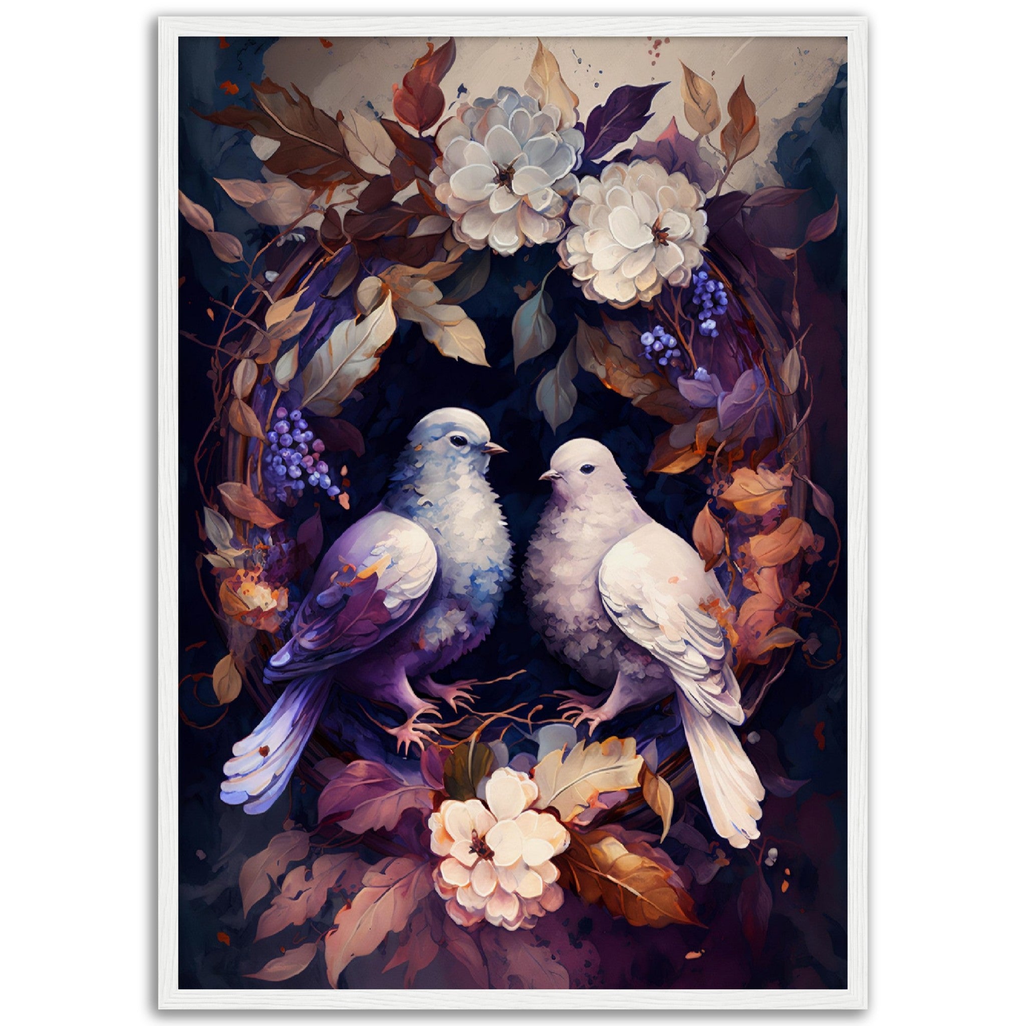 Two Doves Surrounded By Flowers - immersiarts
