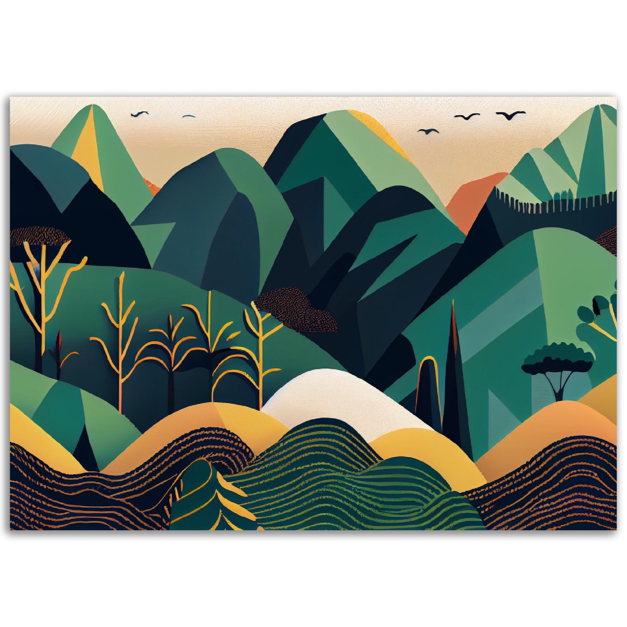 Minimalist Landscape Round Green Peaks - immersiarts